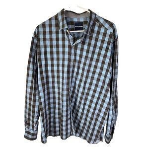 Tommy Bahama Men's XL Blue Brown Check Long Sleeve Button-Down Shirt